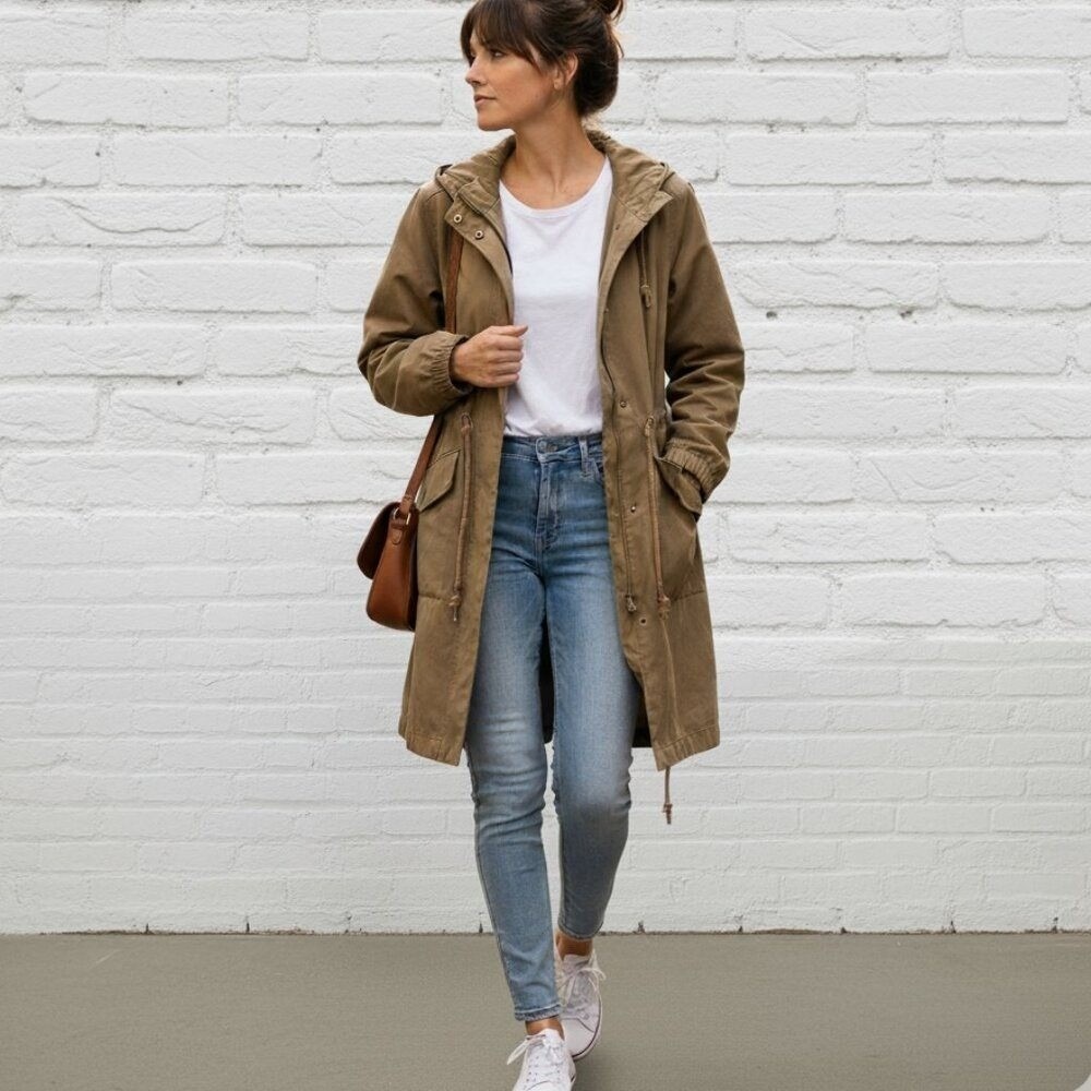 J. Jill Women M Hooded Anorak Jacket Brown Tan Utility Field Coat Cotton Lyocell